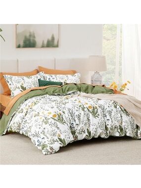 NEW Bedsure PureWoven 100% Cotton Floral Duvet Cover Set, Green. Reversible